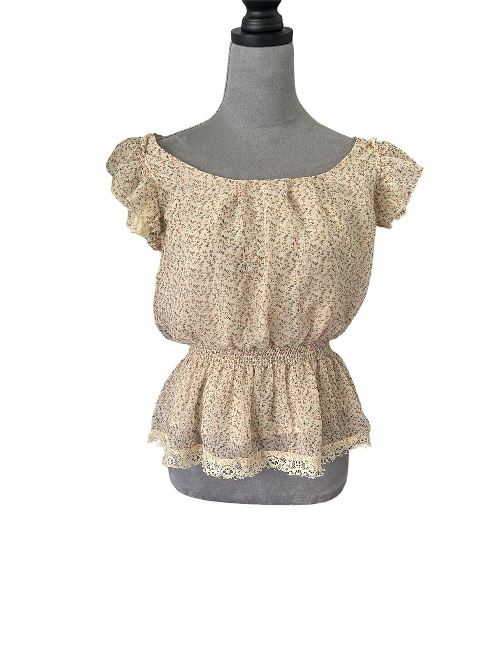 Forever 21 Cream Floral Smocked Peplum Blouse